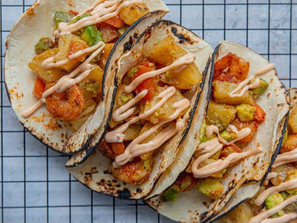 Prawn tacos with fresh toppings